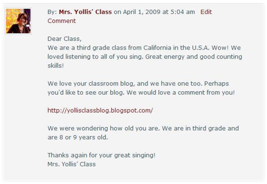 First comment that Linda Yollis left on Kathleen Morris' blog