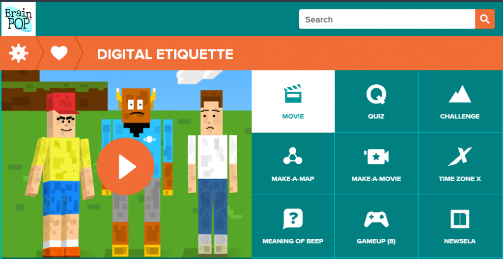 Screenshot of BrainPOP's digital etiquette activities and video
