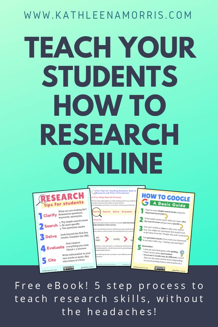 5 simple steps to teaching Google search tips and internet research skills for students. This 2019 post and free eBook shows how to research effectively for kids in primary school, middle school and high school. These tips are summarized in a free research skills poster for your classroom.