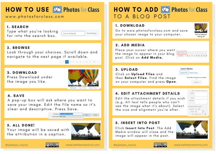 Two free posters that explain how to download images from Photos For Class and how to add an image to a blog post