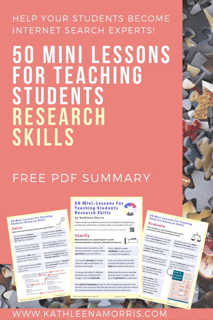 Learn how to teach research skills to primary students, middle school students, or high school students. 50 activities that could be done in just a few minutes a day. Lots of Google search tips and research tips for kids and teachers. Free PDF included! Kathleen Morris | Primary Tech