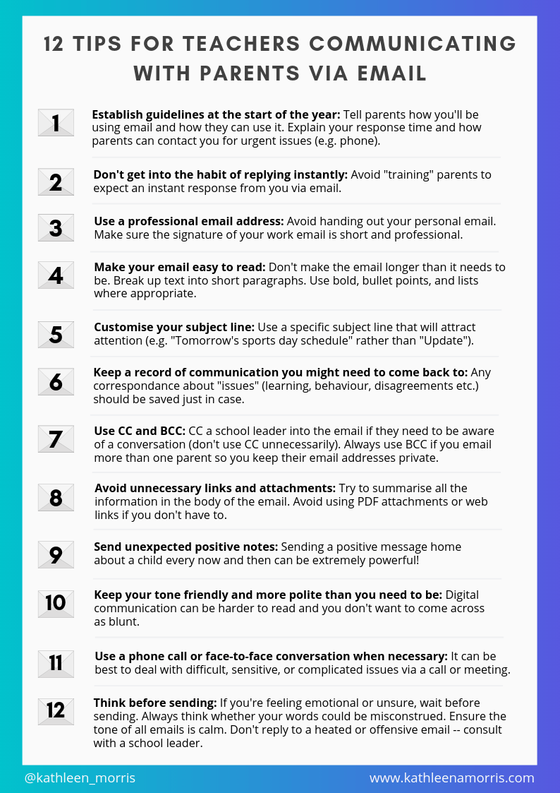12 tips for teachers communicating with parents via email -- free PDF Kathleen Morris