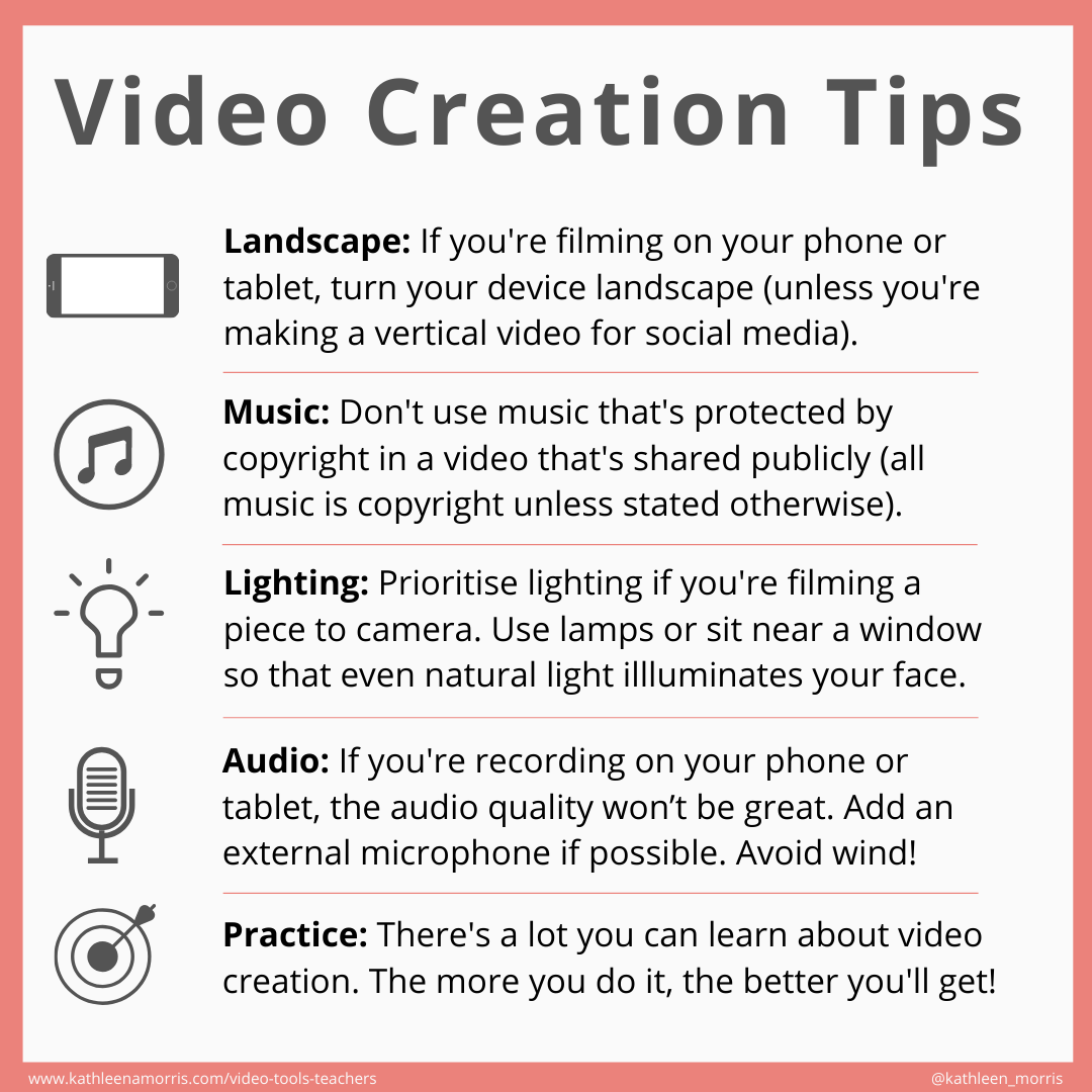 Video creation tips for teachers and students -- summary graphic by Kathleen Morris